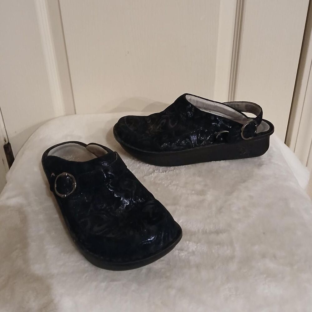 Alegria Seville black/blue swirl chunky leather clogs w buckle & swivel strap 38